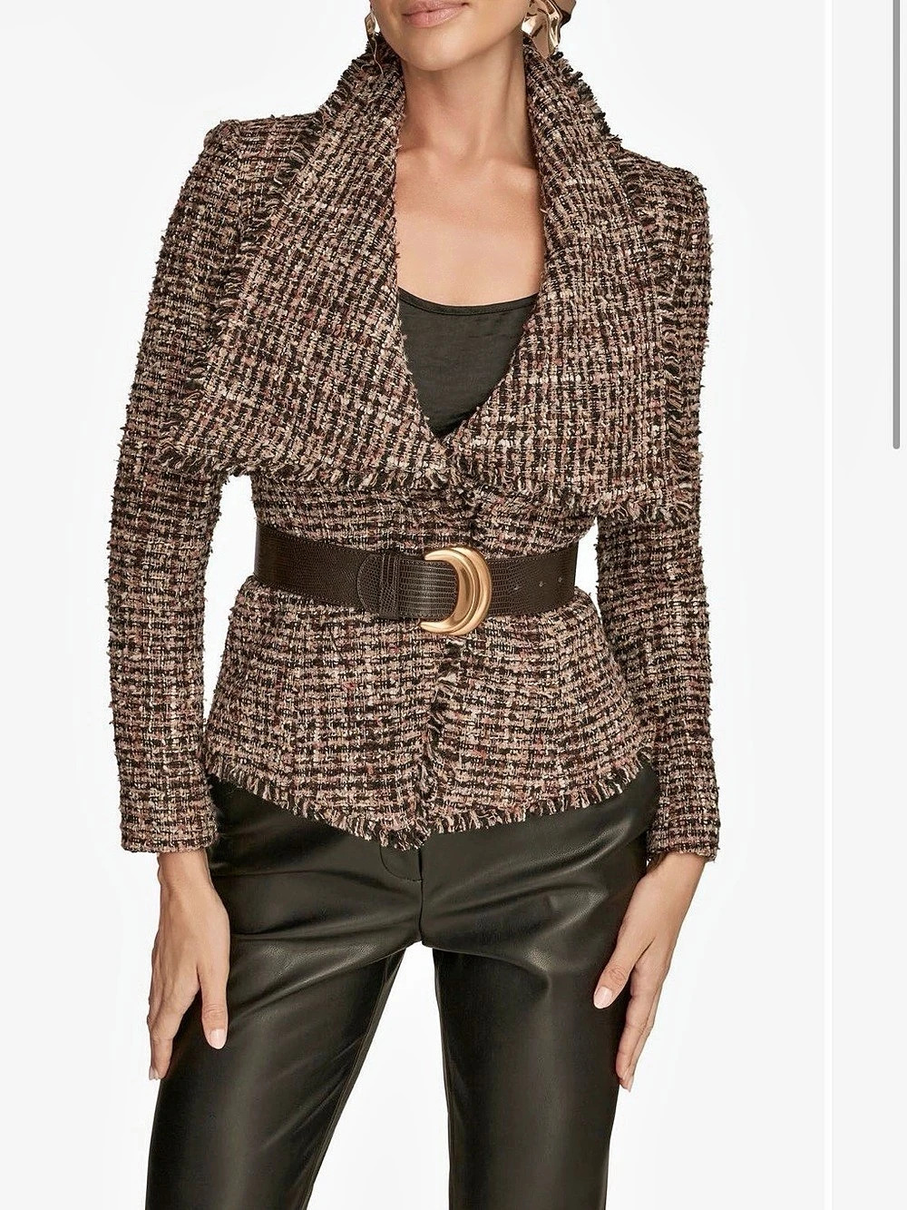 Donne Karan Wide Lapel Belted Tweed Blazer